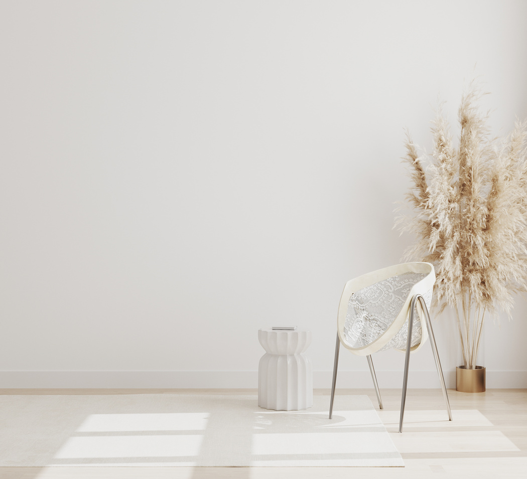 Empty Room with a Chair, Pampas Grass, Rug and Empty White Wall,